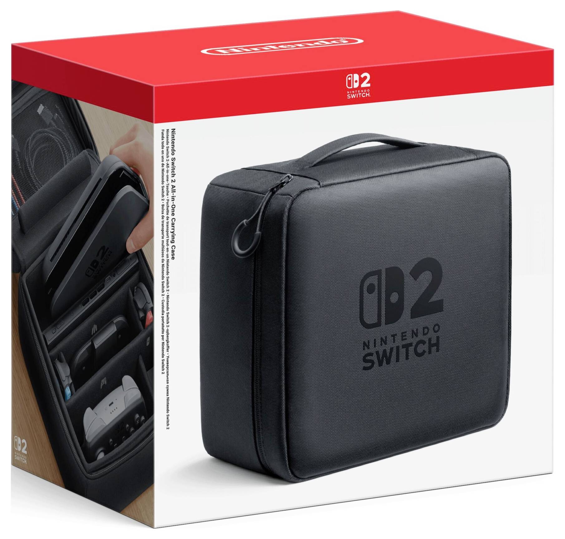 Eine Tragetasche für Nintendo Switch mit dem Logo 'Nintendo Switch 2' auf der Verpackung, die Stauraum für die Konsole und Zubehör zeigt.