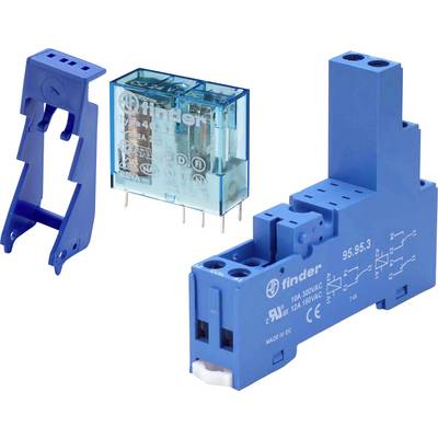 Finder-Relaiskomponenten, einschließlich eines blauen Relais, Sockels und einer Montageklammer, die für elektrische Schaltungsverbindungen und Steuerung verwendet werden.