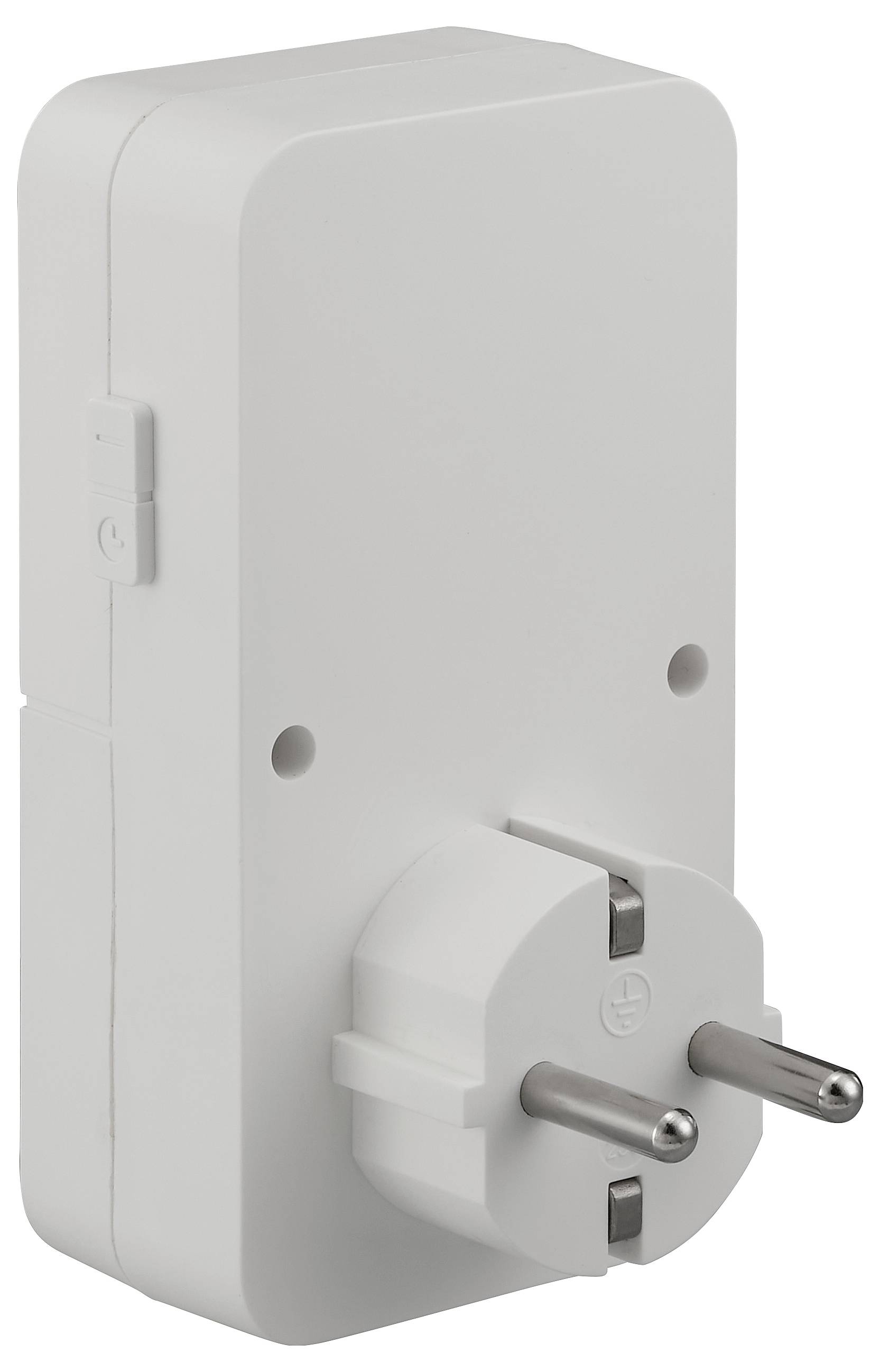 Weißer elektrischer Steckadapter mit zwei runden Stiften auf einfachem Hintergrund