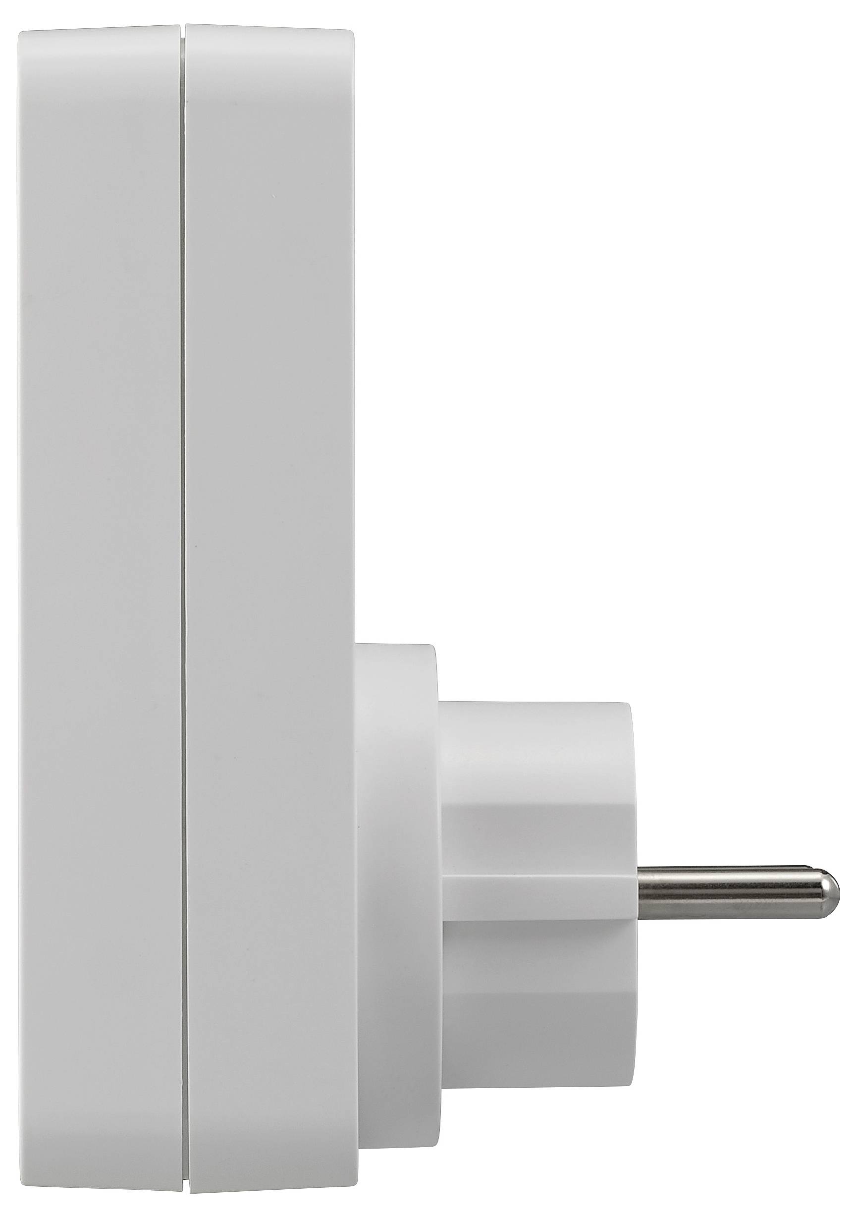 Seitenansicht eines weißen Smart-Steckers mit einem europäischen Zweipol-Stecker.