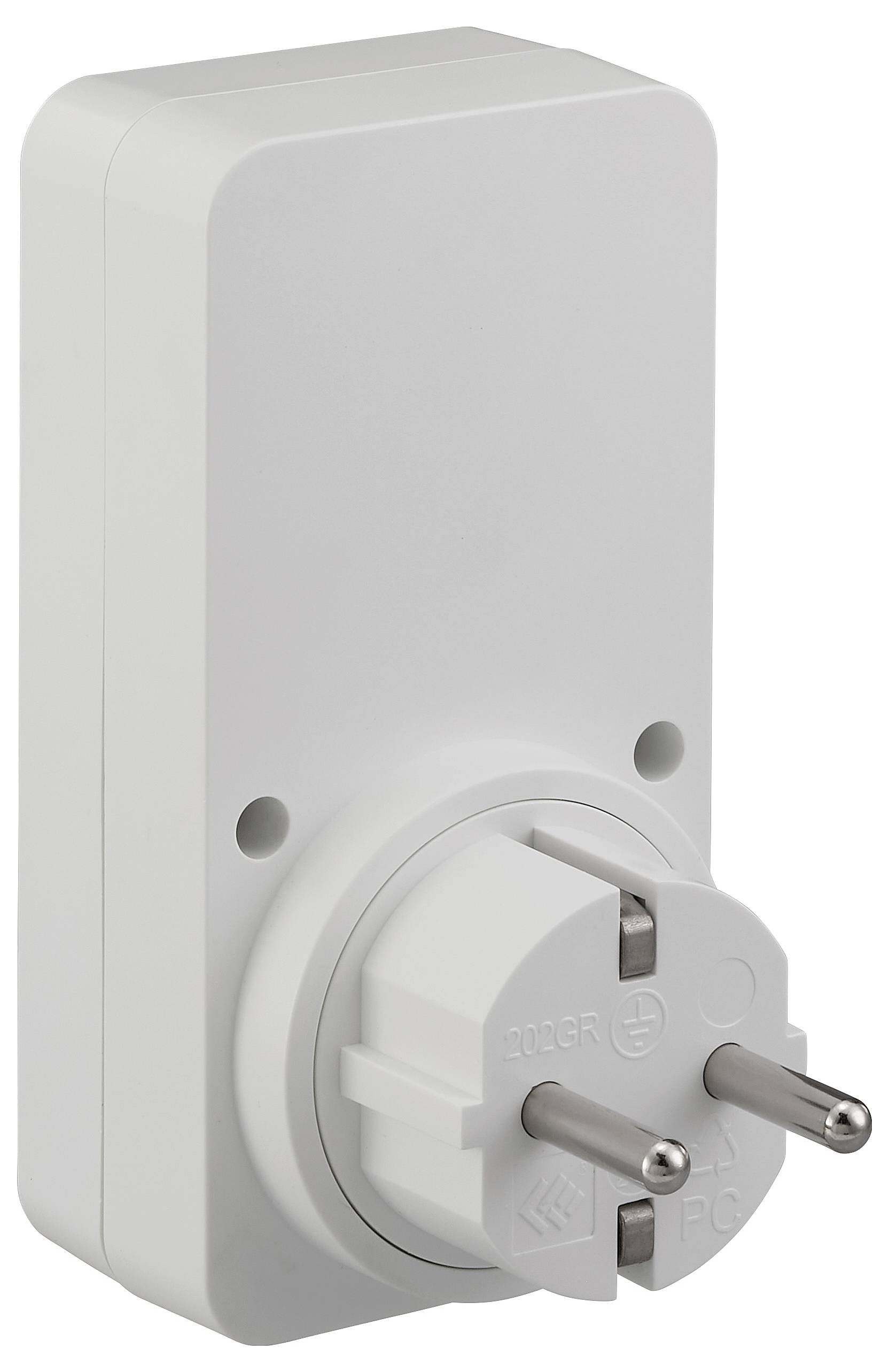 Ein weißer elektrischer Steckeradapter mit einem europäischen Zweipinn-Steckdesign, geeignet zum Umwandeln von elektrischen Geräten für den Anschluss an europäische Steckdosen.