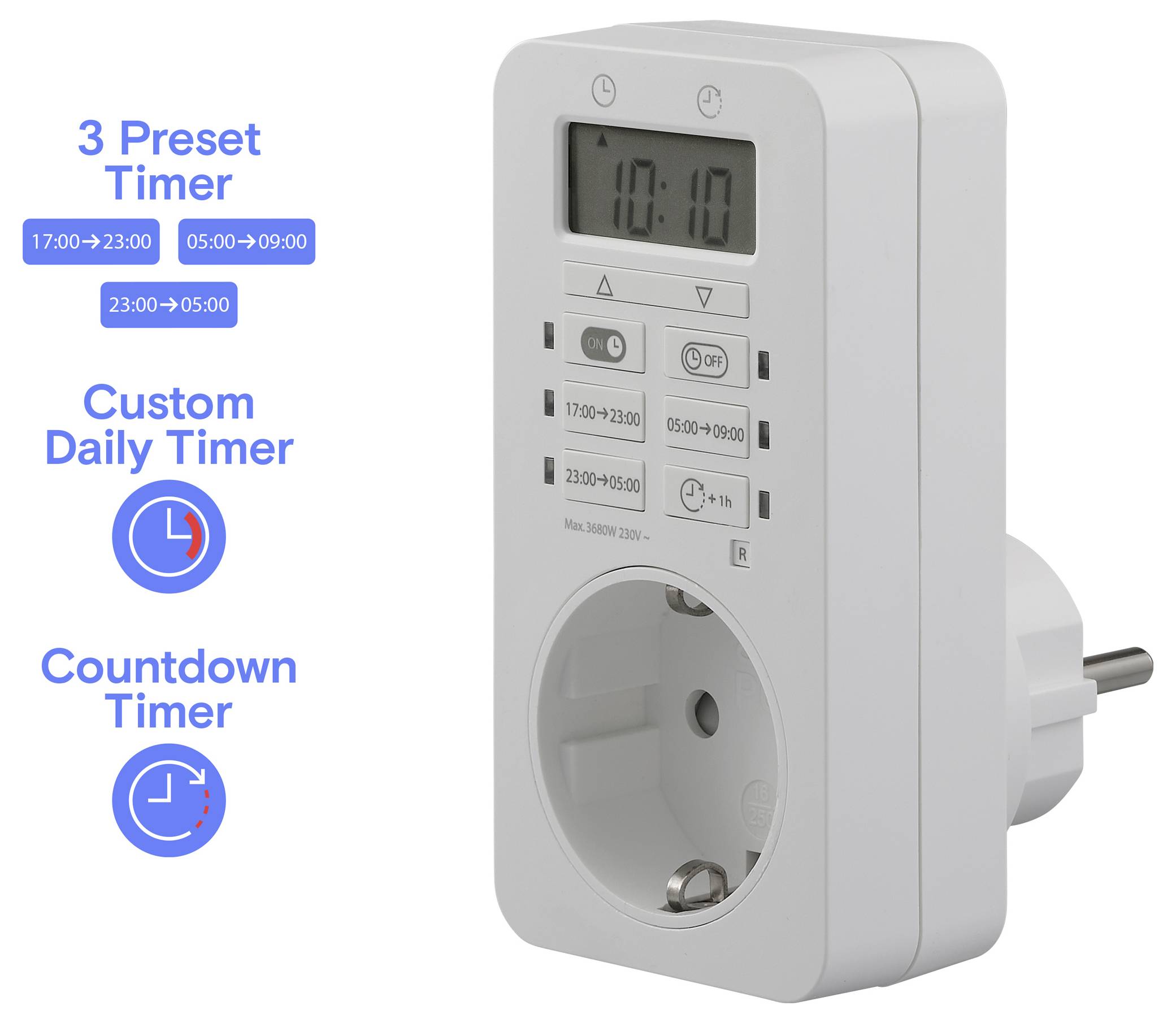 Ein digitaler Timer-Stecker mit einer Zeitanzeige. Zu den Funktionen gehören drei voreingestellte Timer (17:00-23:00, 05:00-09:00, 23:00-05:00), ein individuell einstellbarer täglicher Timer und ein Countdown-Timer.