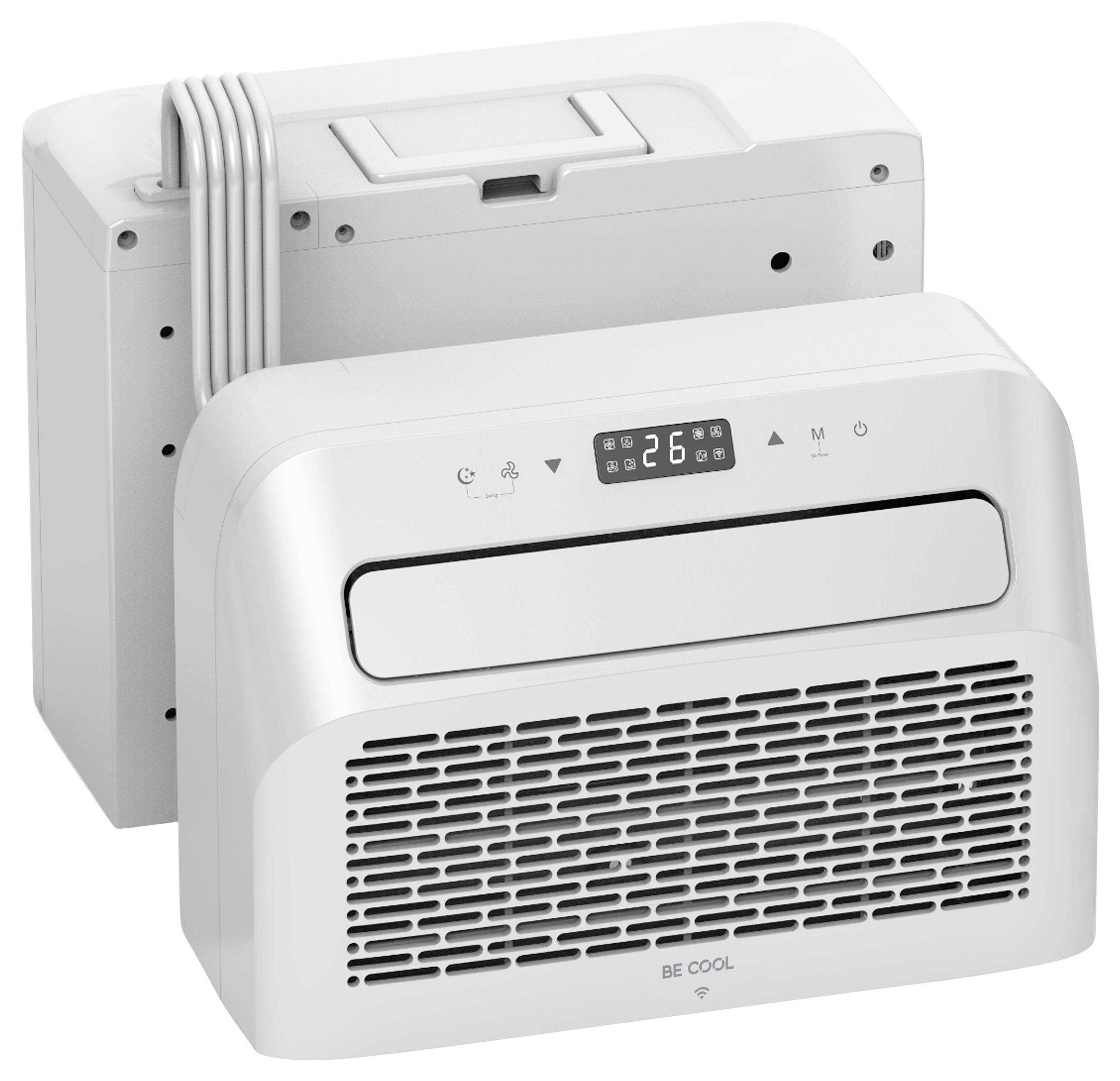 Ein kompaktes, weißes Klimagerät mit digitaler Anzeige, die „26" zeigt. Es hat verschiedene Tasten für Einstellungen und eine Frontlüftung für Luftstrom.