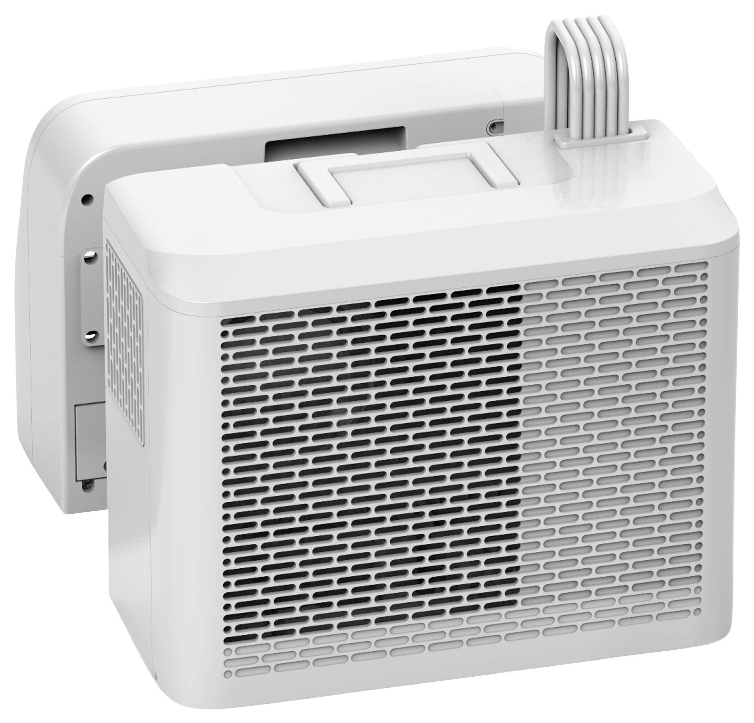 Zwei weiße rechteckige Luftreiniger mit sichtbaren Lüftungsöffnungen und einem Griff auf einem von ihnen, die sich auf weißem Hintergrund gegenüber stehen.