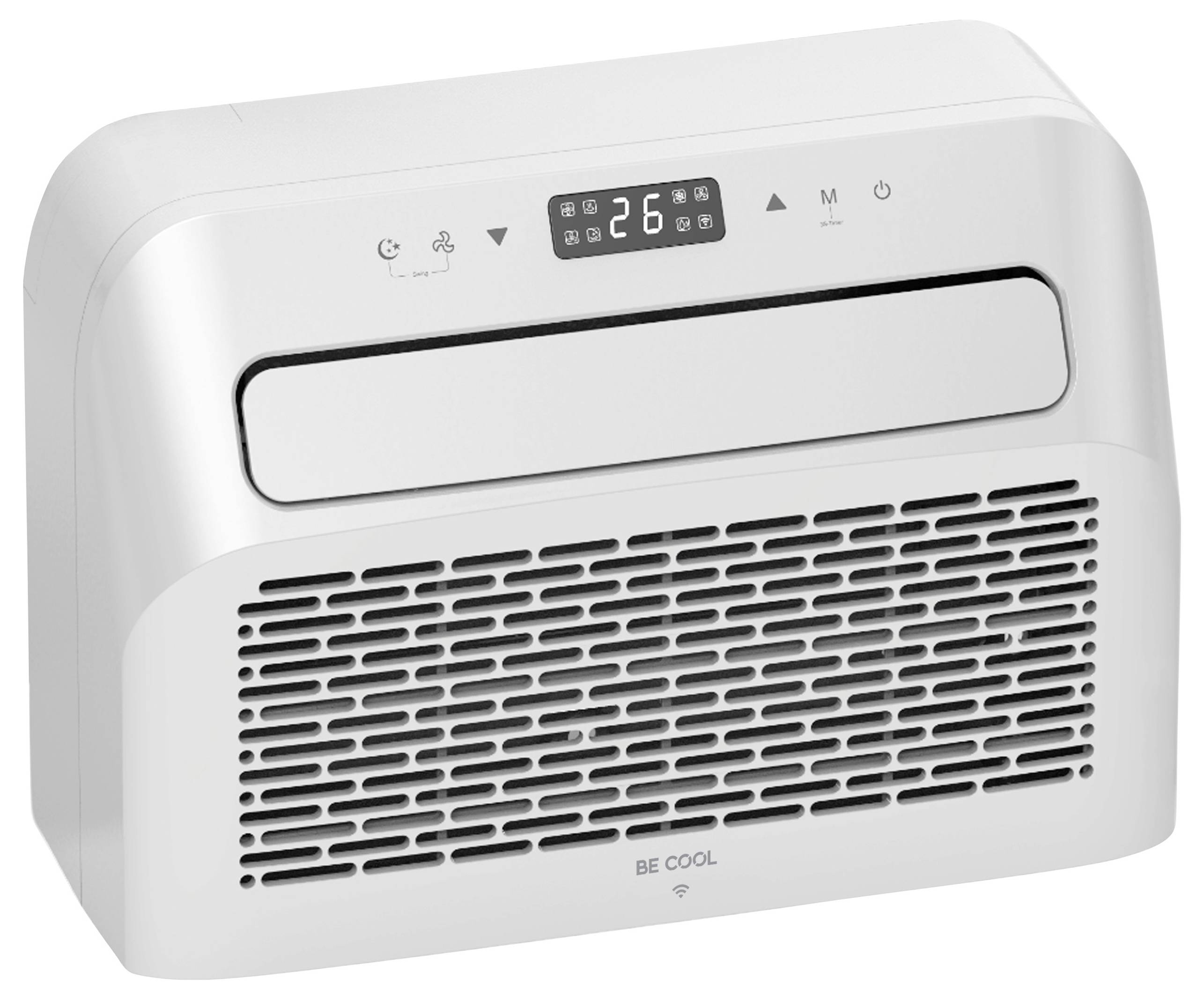 Eine weiße Klimaanlage mit digitaler Anzeige, die "26" Grad anzeigt. Das Gitter befindet sich unter der Anzeige mit Tasten für die Steuerungseinstellungen.