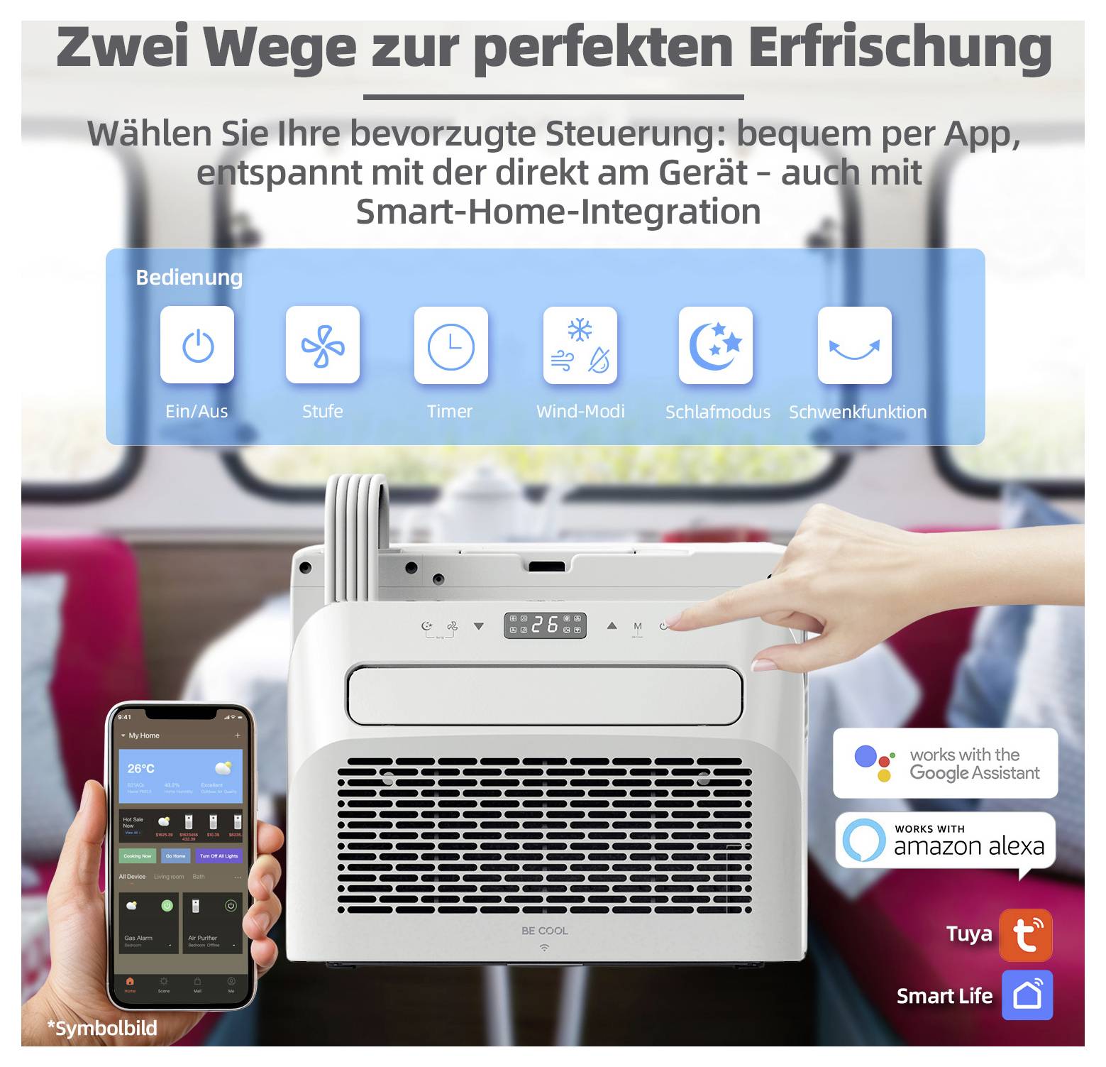 "Zwei Wege zur perfekten Erfrischung." Ein tragbares Klimagerät mit App-Steuerungsoptionen, das Smart-Home-Integrationsfunktionen mit Logos hervorhebt.