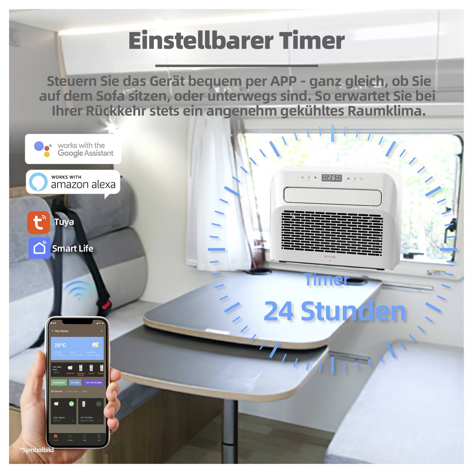 Einstellbarer Timer über einer Klimaanlage, die auf einem Tisch in einem Wohnmobil angezeigt wird. Ein Smartphone zeigt eine App zur Fernbedienung an.