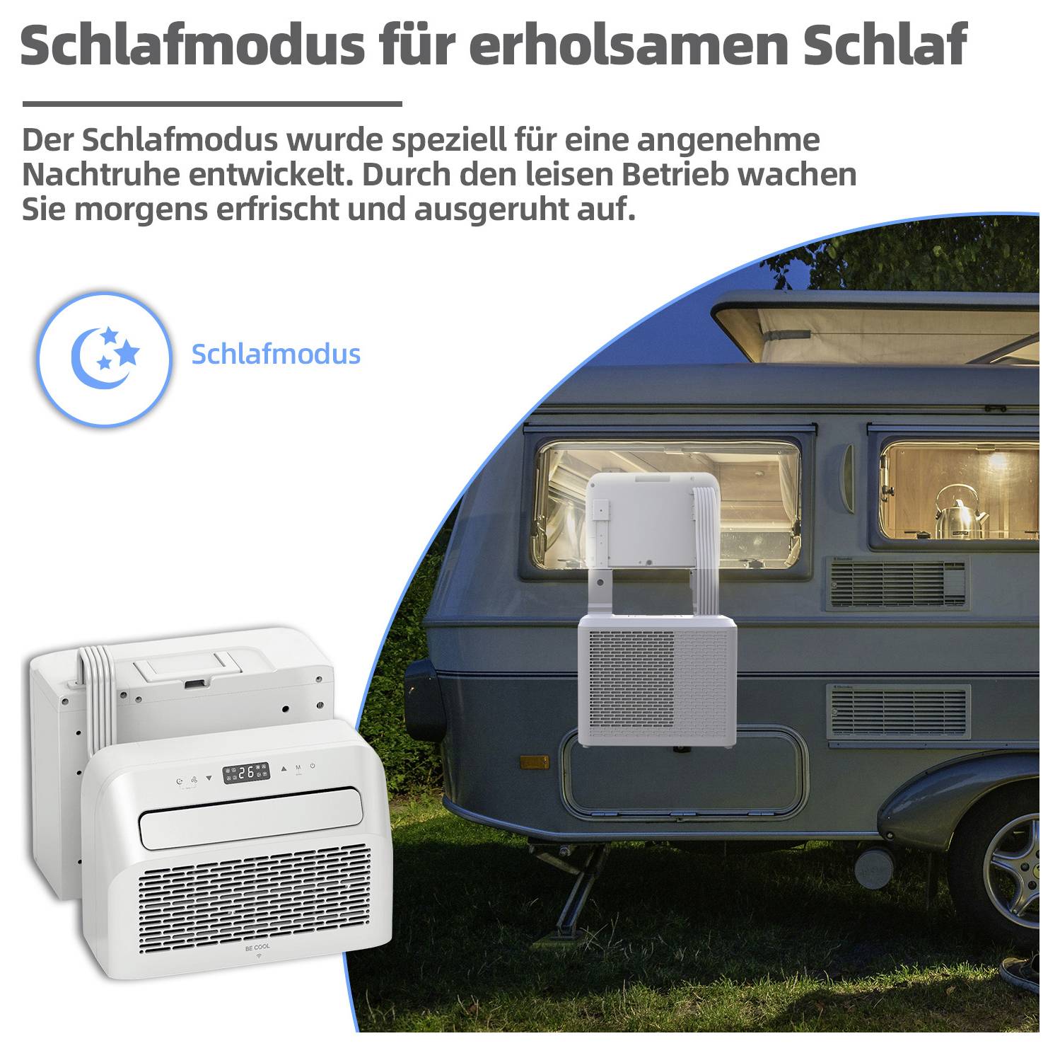 Ein weißes Klimagerätet das an einem geparkten Wohnmobil angebracht ist, das seinen ruhigen Schlafmodus für erholsame Nächte mit einem blauen Schlaf-Symbol bewirbt.