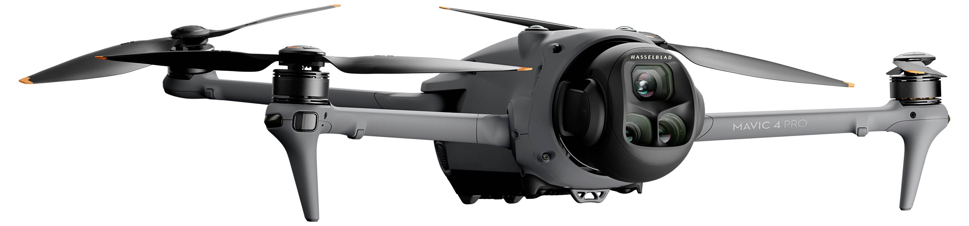 Ein schlankes, schwarzes Quadcopter-Drohne mit vier Propellern und einer an der Frontseite montierten Kamera, konzipiert für Luftfotografie und Videoaufnahmen.