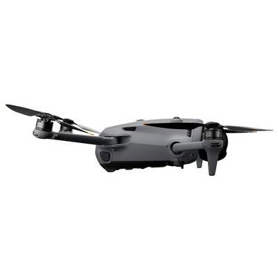 Ein schlankes, graues Quadcopter-Drohne mit vier ausgestreckten Propellern, in Seitenansicht vor einem einfarbigen weißen Hintergrund.