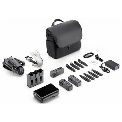 Ein komplettes Drohnen-Set mit einer schwarzen Tasche, Drohne, Propellern, Ladehub, zwei Akkus, Fernsteuerung, Kabeln und zusätzlichem Zubehör.