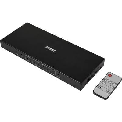 Monoprice 4x1 HDMI-Switch, der Ports für HDMI-Eingänge und -Ausgänge zeigt, mit dazugehöriger Fernbedienung zum Wechseln zwischen Geräten.