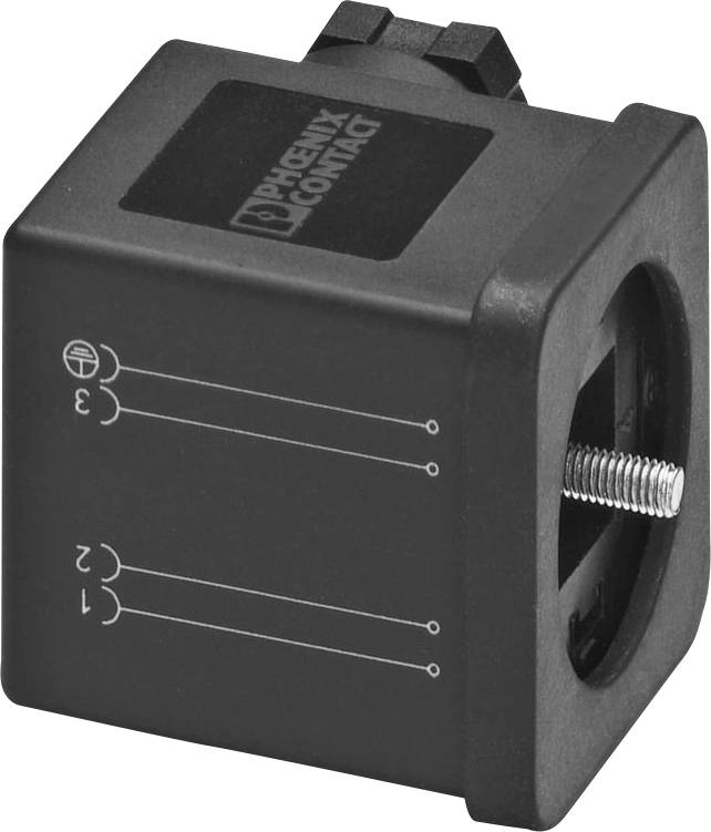 Rechteckiger schwarzer Stecker-Elektroklemmenblock, der mit den Nummern 1, 2 und 3 gekennzeichnet ist und oben ein Firmenlogo trägt.