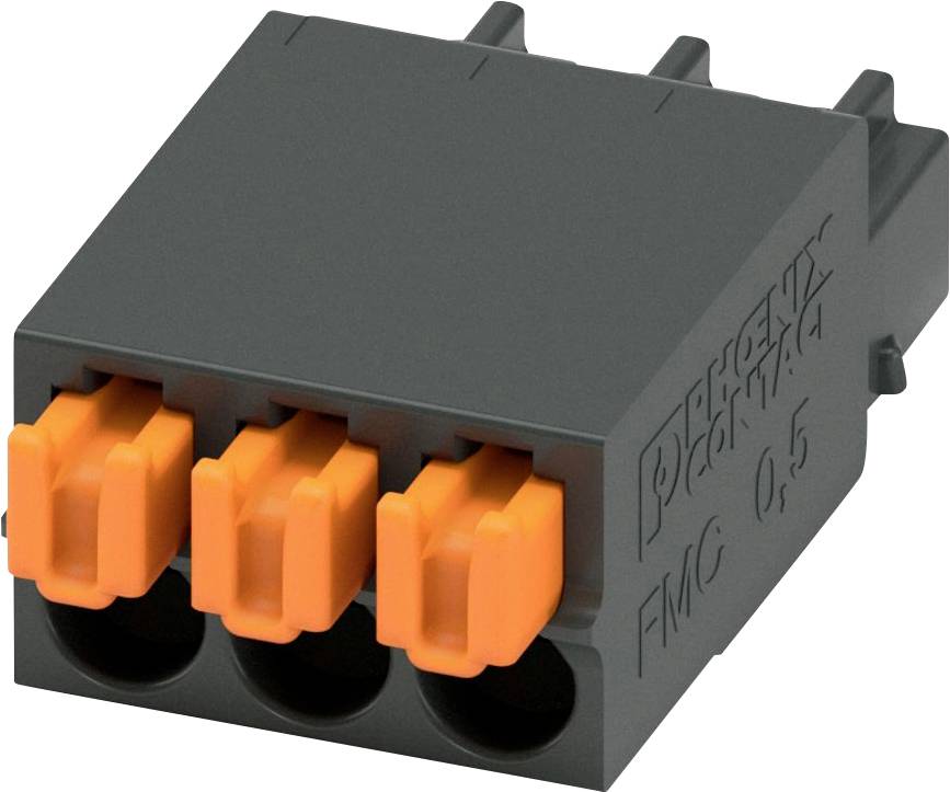Ein schwarzer und orangefarbener elektrischer Anschluss mit drei Schlitzen und seitlicher Beschriftung mit Spezifikationen.