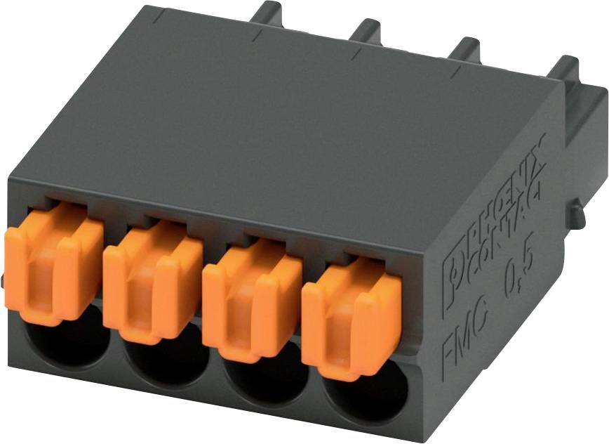 Ein Fünf-Pin-Anschlussblock in Schwarz und Orange mit Federklemmentechnologie zur Erleichterung sicherer elektrischer Verbindungen.