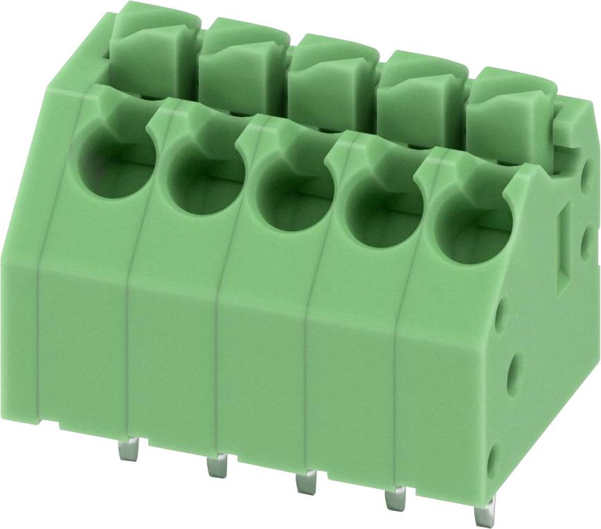 Ein grüner Steckverbinderblock mit fünf Anschlüssen, verwendet für elektrische Verbindungen in Leiterplatten.