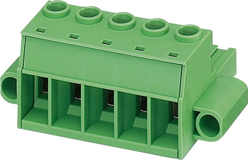 Ein grüner elektrischer Anschlussblock mit fünf Anschlusspunkten, der zum Befestigen von Drähten verwendet wird.