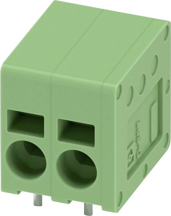 Ein zweipositioniger grüner PCB-Klemmenblock mit zwei Drahteintrittspunkten und Metallstiftkontakten, verwendet für elektrische Verbindungen auf Leiterplatten.