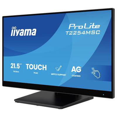 Ein 21,5-Zoll iiyama ProLite T2254MSC Touchmonitor mit AG-Beschichtung und MPP-2.0-Unterstützung wird auf einem schwarzen Ständer präsentiert.