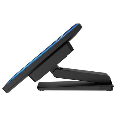Ein schwarzer verstellbarer Ständer, der einen Monitor mit blauen Kanten stützt, der seitlich geneigt ist und dabei seine Flexibilität und ergonomischen Designmerkmale präsentiert.