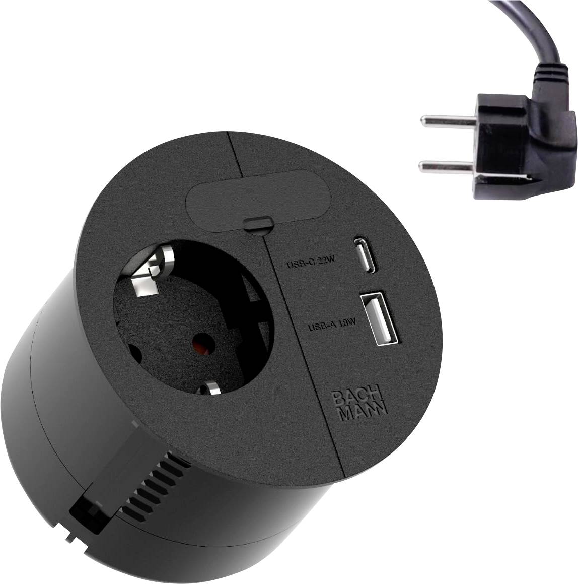 Schwarzes, kreisförmiges Steckdosenmodul mit einer europäischen Steckdose und zwei USB-Anschlüssen, gekennzeichnet als USB-C 12W und USB-A 18W, dargestellt mit einem Stecker.