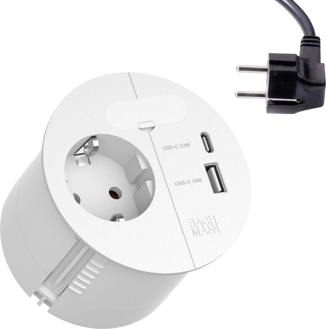 Ein weißes Strommodul mit einer Steckdose, USB-C 22W und USB-A 18W Anschlüssen, ausgestattet mit einem zweiphasigen Stecker für elektrische Verbindung.