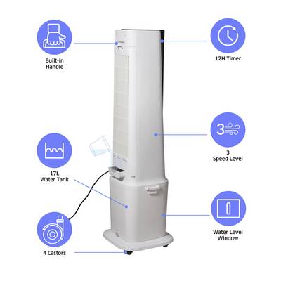 Turmventilator mit integriertem Griff, 12-Stunden-Timer, 17-Liter-Wassertank, 3 Geschwindigkeitsstufen, Wasserstandsanzeige und 4 Rollen für hohe Mobilität.