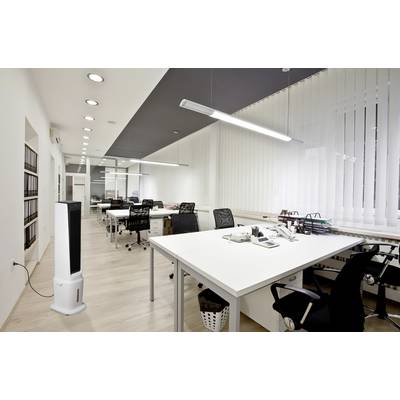 Modernes Büro mit Reihen von Schreibtischen, schwarzen Stühlen, Computern und einem weißen Säulenventilator nahe dem Eingang, große Fenster mit vertikalen Jalousien.