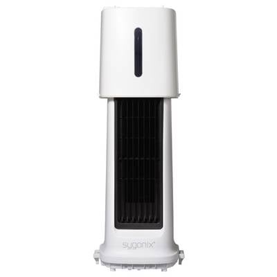 Ein weißer Turmventilator mit vertikalen schwarzen Lüftungsschlitzen und 'sygonix' Branding an der Basis. Der Ventilator ist modern und schlank im Design.
