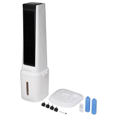 Turmventilator mit Sockel, Fernbedienung und vier Rollen. Zwei blaue Kühlakku-Pads zur Kühlungsunterstützung inklusive.