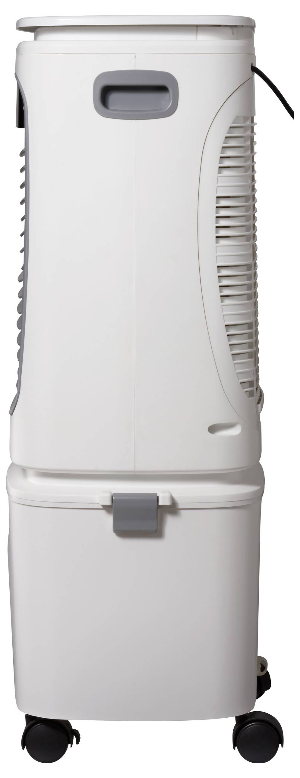 Ein weißer Luftentfeuchter mit Lüftungsschlitzen und Rollen, der für den Hausgebrauch konzipiert ist. Die Seitenansicht zeigt das Bedienfeld und den Griff oben.