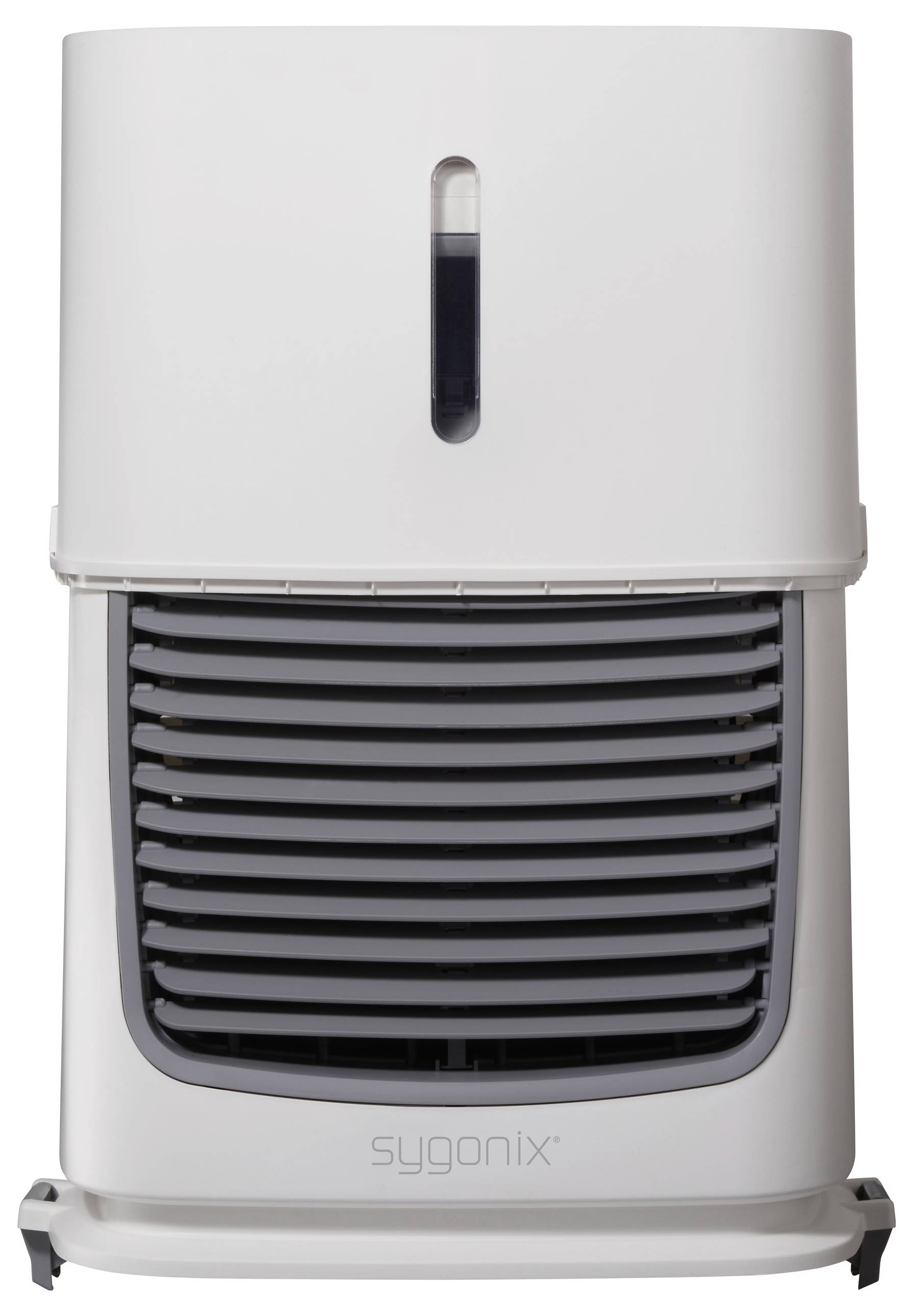Ein weißer Entfeuchter mit einer vorderen Luftöffnung und einem kleinen Wasserstandsanzeigefenster. Der Markenname 'sygonix' ist am unteren Rand sichtbar.