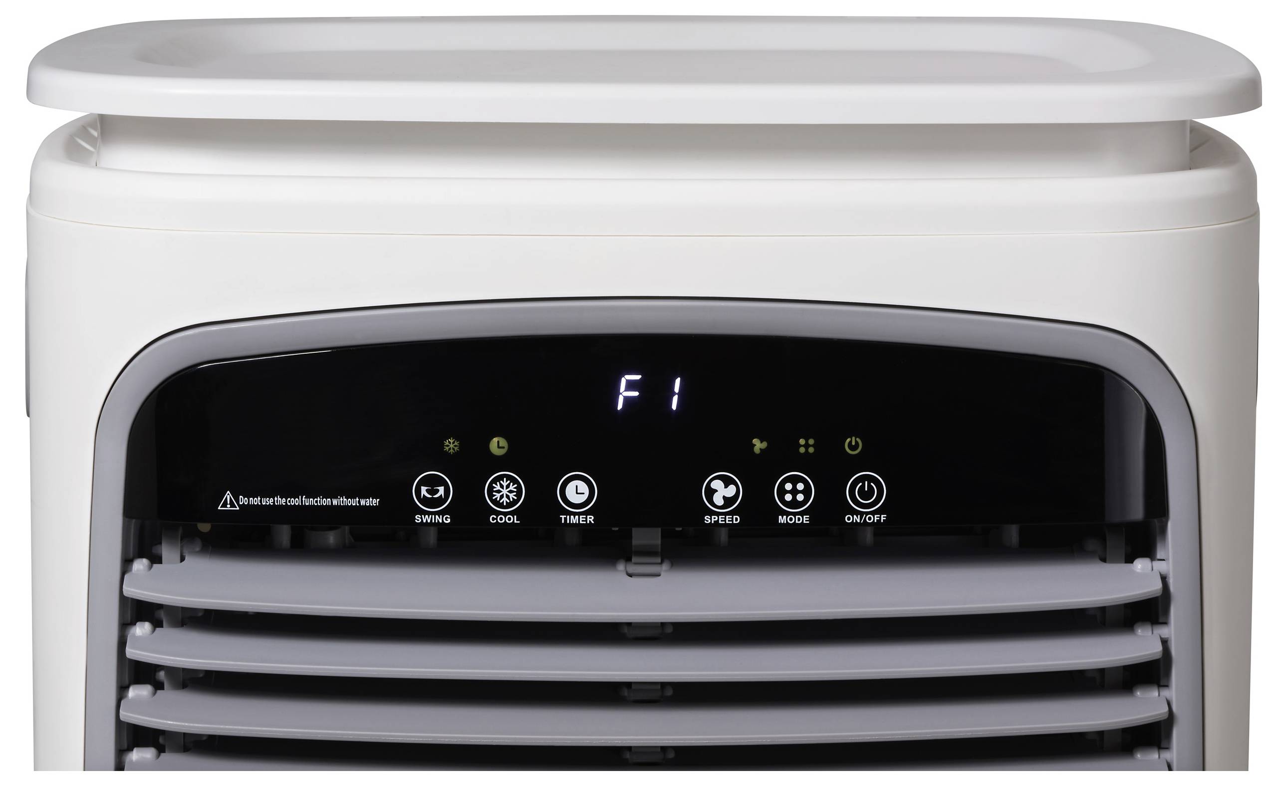 Eine weiße Klimaanlage mit einer digitalen Anzeige, die den Fehlercode 'F1' zeigt, und Tasten für Schwenkung, Kühlung, Timer, Geschwindigkeit, Modus und Ein/Aus.