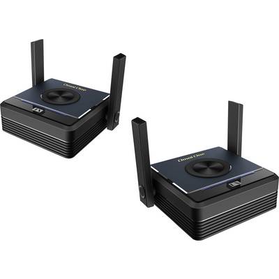 „Zwei schwarze und dunkelblau Wireless-Router-Geräte mit Doppelantenna, mit der Bezeichnung Omni One, aus leicht erhöhtem Winkel gezeigt."