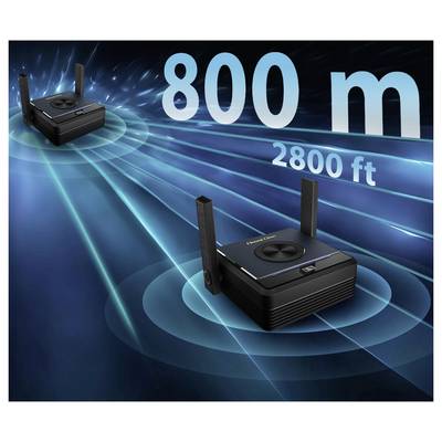 Zwei kabellose Geräte, die eine Verbindungsreichweite von 800 Metern oder 2800 Fuß veranschaulichen, vor einem blauen digitalen Hintergrund.