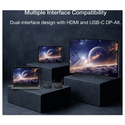 Mehrfach-Schnittstellen-Kompatibilität: Dual-Interface-Design mit HDMI und USB-C DP-Alt. Laptops und ein Monitor, die Weltraum-Bilder anzeigen.