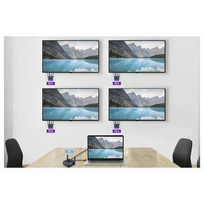 Ein Laptop auf einem Tisch ist mit vier an der Wand montierten Bildschirmen verbunden, die mit „RX1", „RX2", „RX3" und „RX4" gekennzeichnet sind und alle die gleiche Bergseenlandschaft anzeigen.