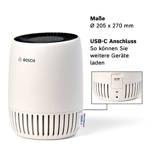Luftreiniger von Bosch, rundes Design, Durchmesser 205 mm, Höhe 270 mm, mit USB-C-Anschluss zum Laden anderer Geräte.