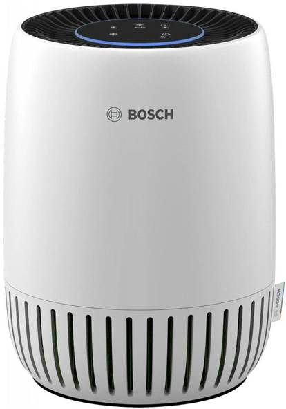 Bosch-Zylindrischer Luftreiniger mit weißem Gehäuse, schwarzem Oberlüftungsgitter und geschlitztem unteren Ansaugfilter.