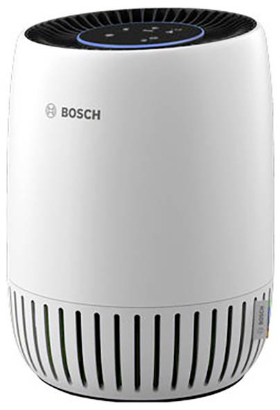 Ein weißer zylindrischer Bosch-Luftreiniger mit Bedienungstasten auf der Oberseite und vertikalen Schlitzen an der Basis für die Luftansaugung.