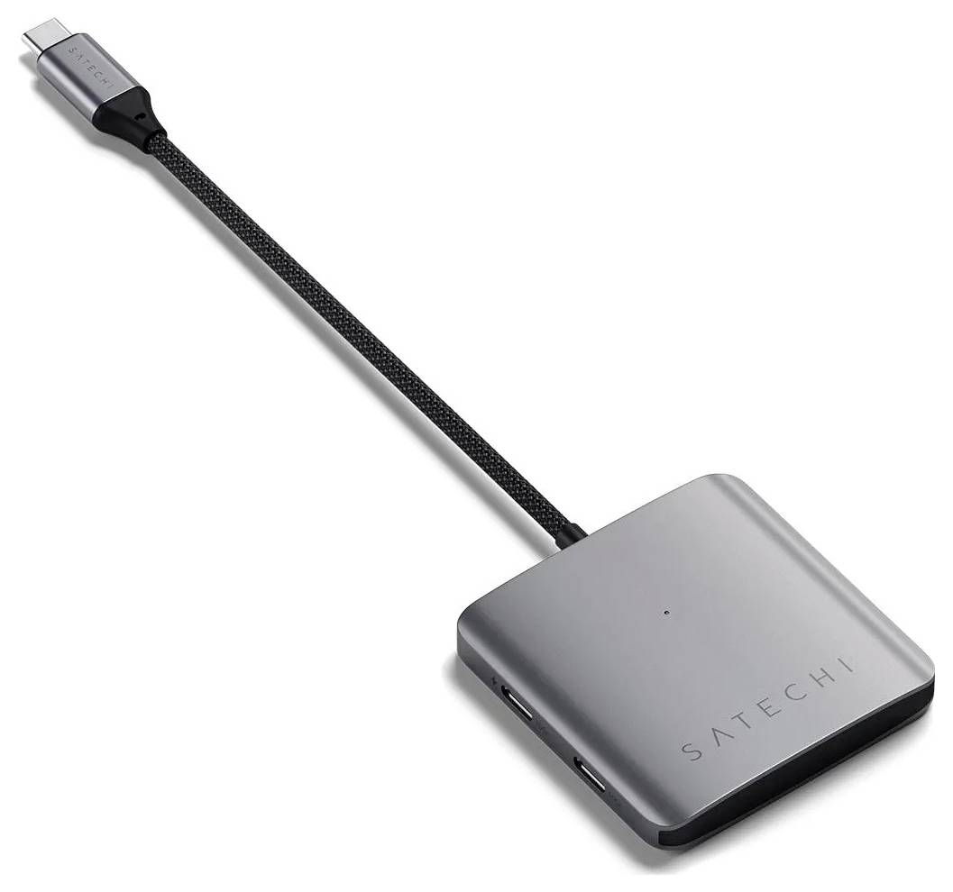 Ein USB-C-Hub mit mehreren Anschlüssen von 'Satechi', mit USB-A-, HDMI- und Ethernet-Anschlüssen, ausgestattet mit einem geflochtenen Kabel.