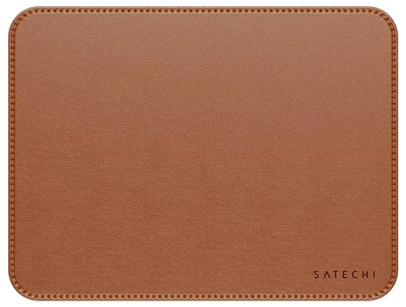 Eine braune, rechteckige Satechi-Ledermaus-Unterlage mit genähten Kanten.