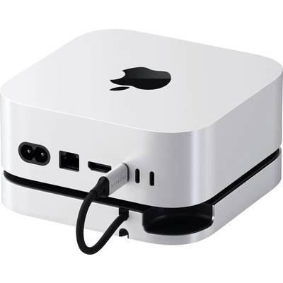 Ein kleines, silbernes Gerät mit einem Apple-Logo, das an der Rückseite Anschlüsse für Strom-, USB- und HDMI-Kabel aufweist. Ein Kabel ist eingesteckt.