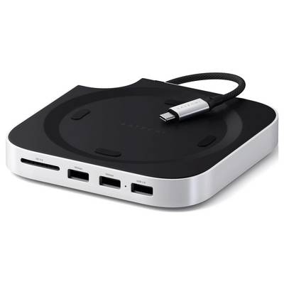 'Satechi' USB-C Hub mit mehreren Anschlüssen, einschließlich HDMI, USB-A und SD-Kartenslots. Kompaktes Design mit geflochtenem Kabel.