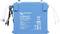 Eine blaue Lithium-Batterie mit der Aufschrift 'Victron Energy Lithium 12,8V-150Ah' mit Sicherheitssymbolen, Kontaktinformationen und Warnhinweisen.
