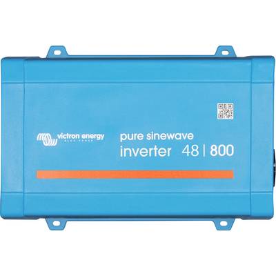"Victron Energy Wechselrichter mit reiner Sinuswelle 48 800" Text auf einem blauen Gerät. Enthält einen QR-Code und das Firmenlogo. Wird zur Stromumwandlung verwendet.
