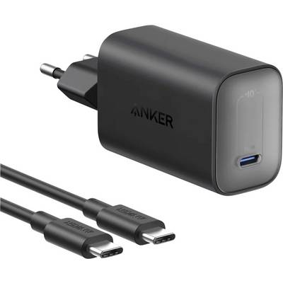Ein schwarzes Anker USB-C-Ladegerät mit zwei USB-C-Kabeln, entwickelt für schnelles Laden kompatibler Geräte.