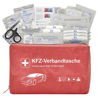 Rote Erste-Hilfe-Tasche mit verschiedenen medizinischen Utensilien einschließlich Verbandmaterial, Pflastern und einer Schere, beschriftet mit 'KFZ-Verbandtasche'.