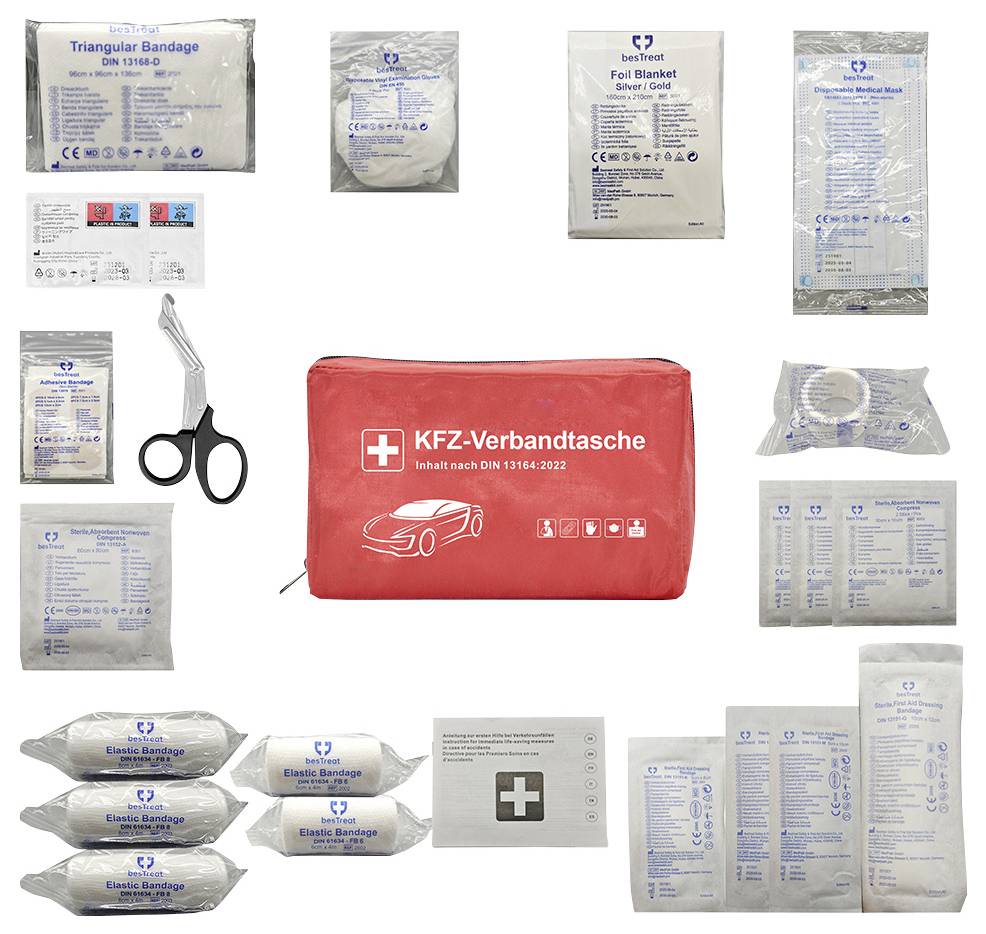Eine rote Erste-Hilfe-Tasche mit der Aufschrift 'KFZ-Verbandtasche', umgeben von medizinischen Utensilien: Verbandsmaterial, Schere, Gauze und einer Rettungsdecke.
