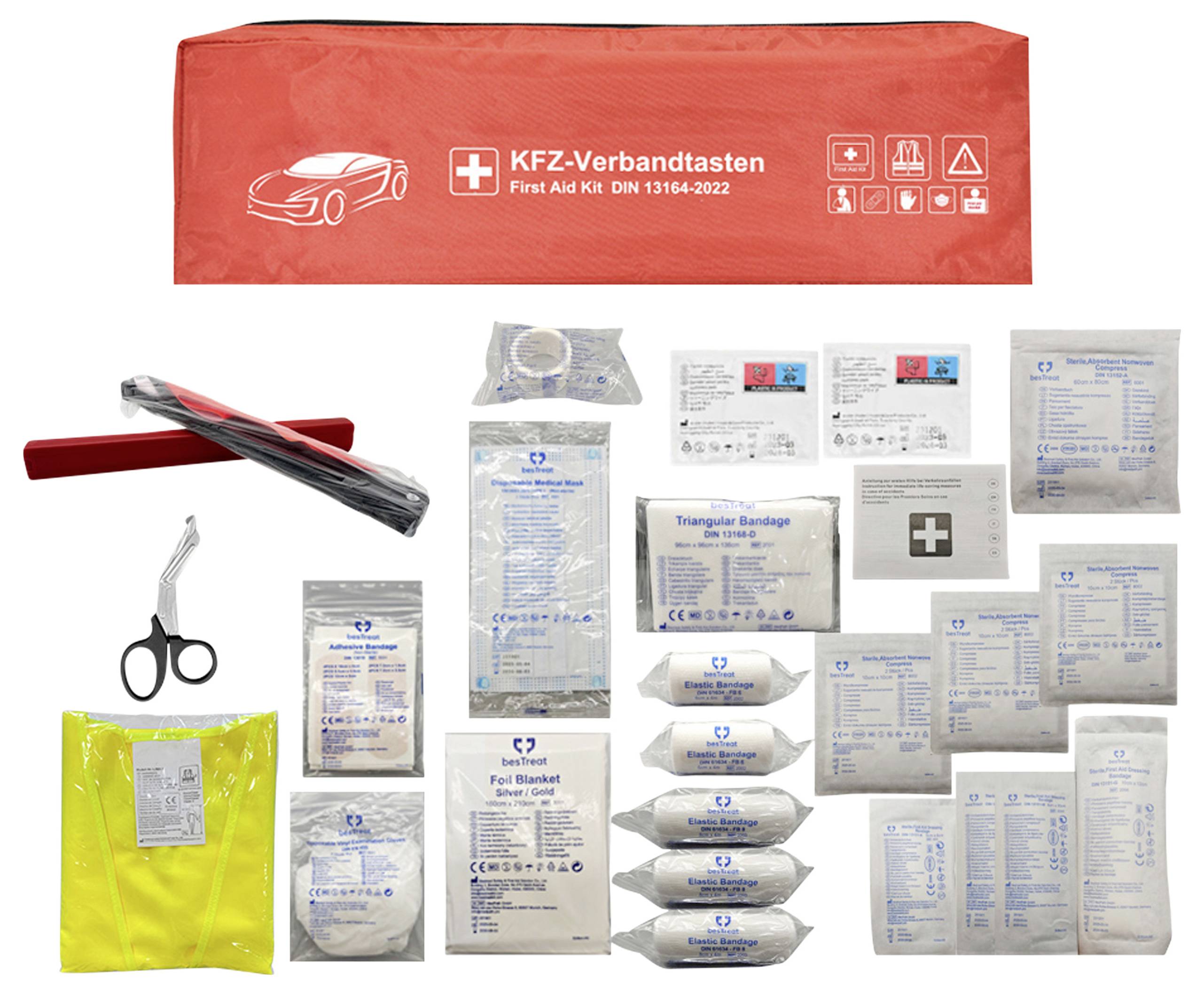 Erste-Hilfe-Set" beschriftete rote Tasche mit Verbandsmaterial, Mullbinden, Dreiecktuch, Schere, Pflaster und Rettungsdecke.
